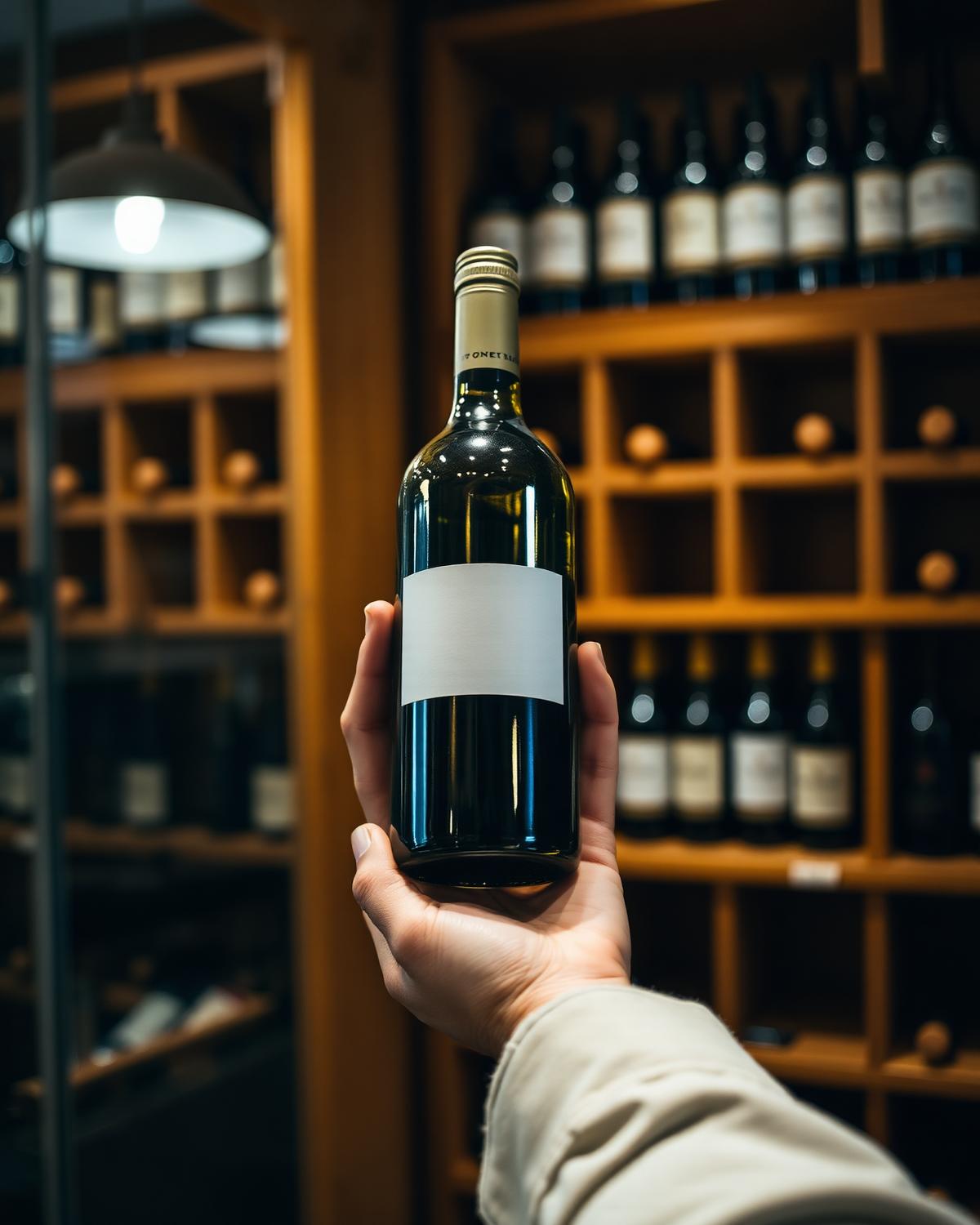 A bottle held up in a wine cellar