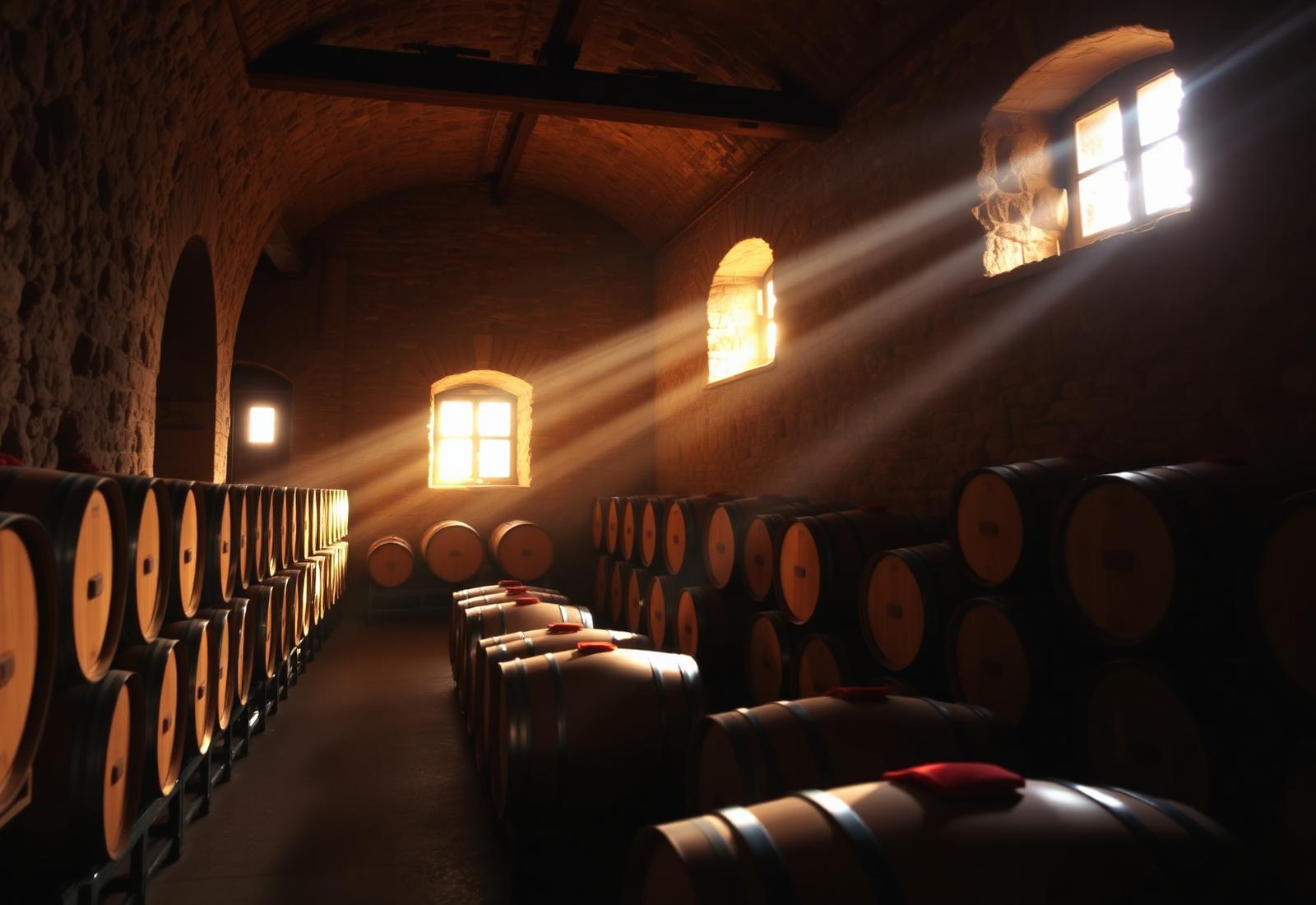 Sunlit oak barrels in an old stone wine cellar