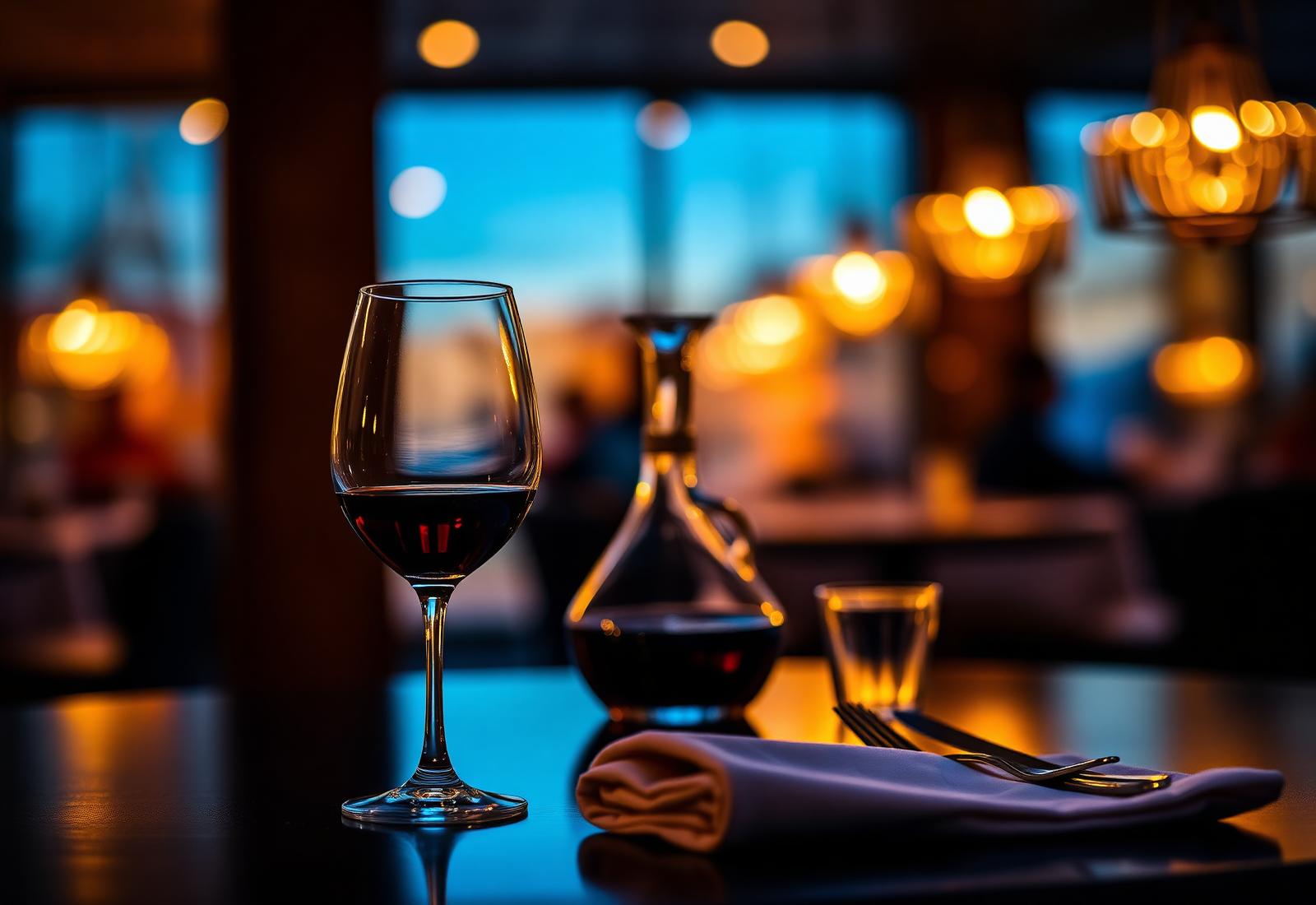 A candlelit restaurant table with wine and warm bokeh lights
