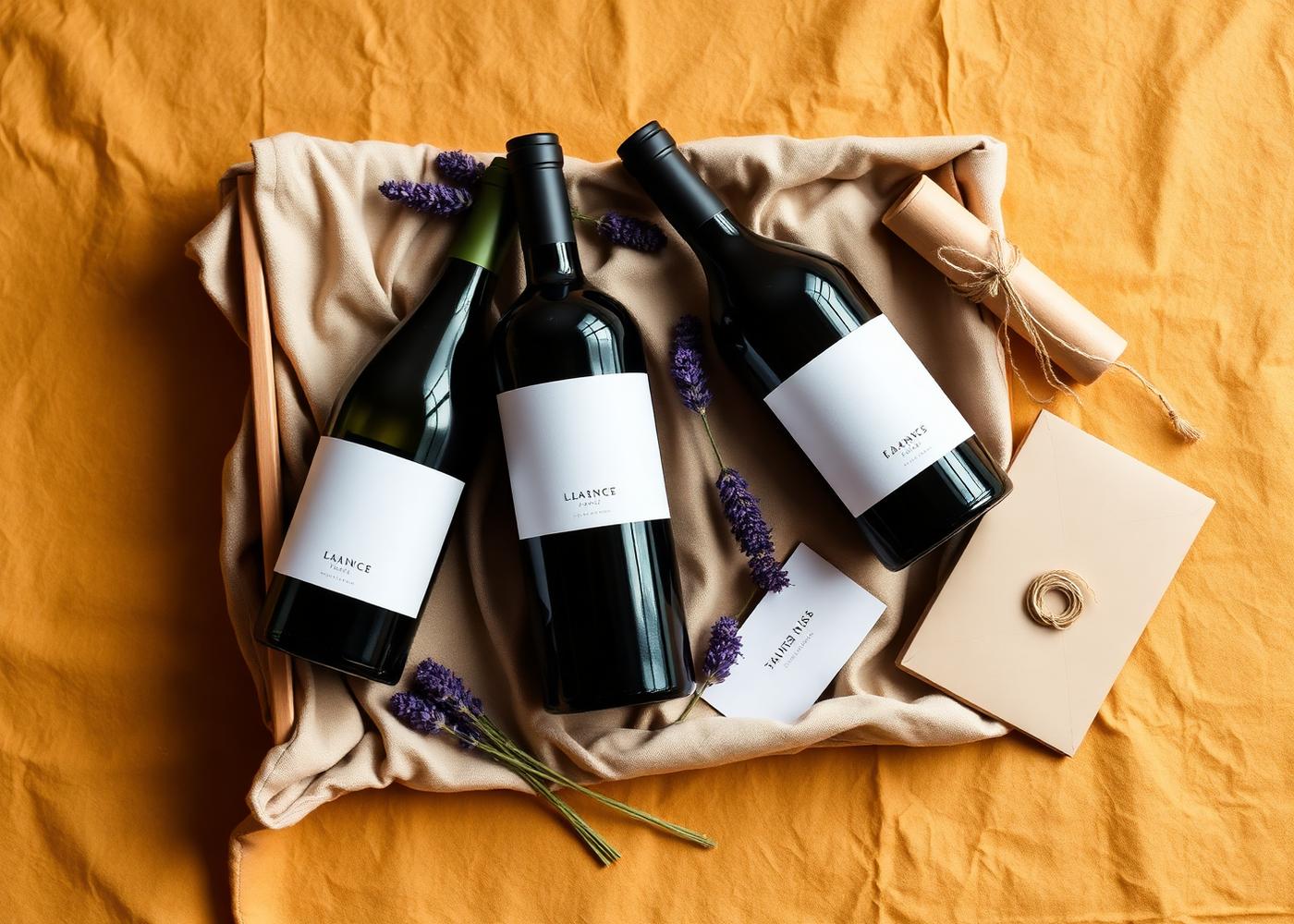 A curated wine subscription box on warm linen